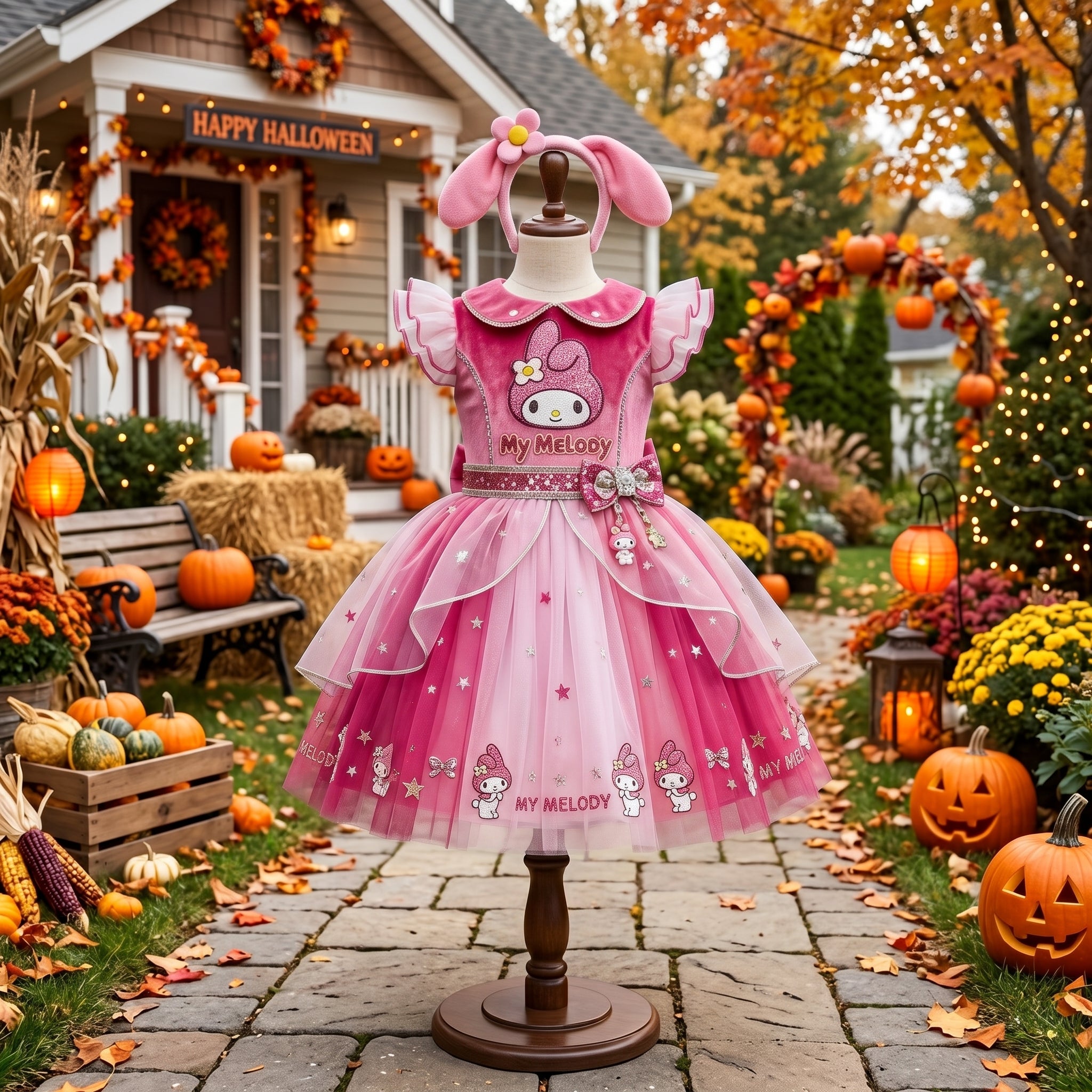 Hello Kitty My Melody Girls' Deluxe Sparkle Tutu Party Costume Dress Set with Matching Headband Halloween Birthday Pageant