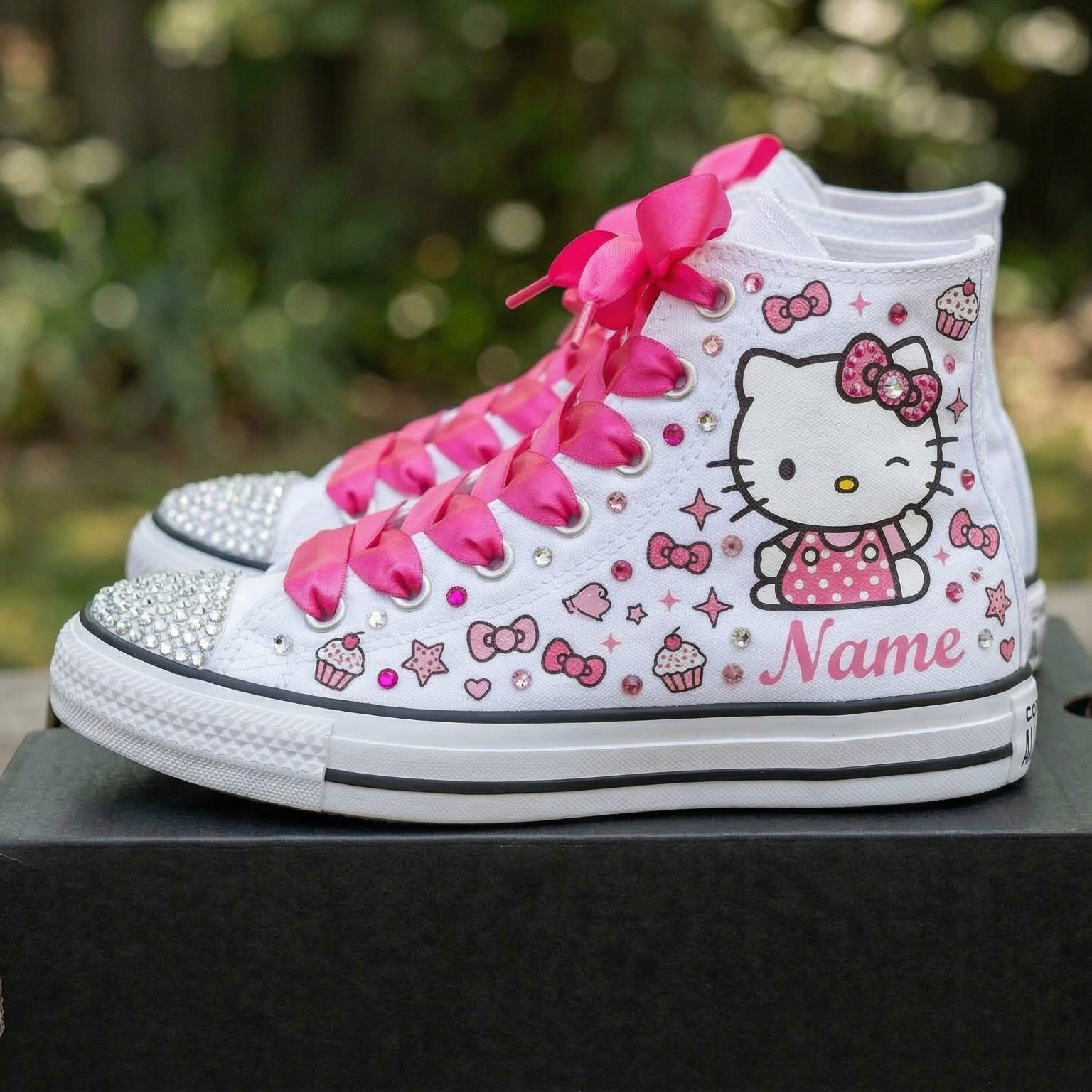 Custom Hello Kitty Pink High-Top Sneakers Shoes Personalized with Name, Ribbon Laces & Rhinestones Birthday Parties Everyday Gift