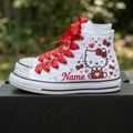 Custom Hello Kitty Red High-Top Sneakers Shoes Personalized with Name, Ribbon Laces & Rhinestones Birthday Parties Everyday Gift