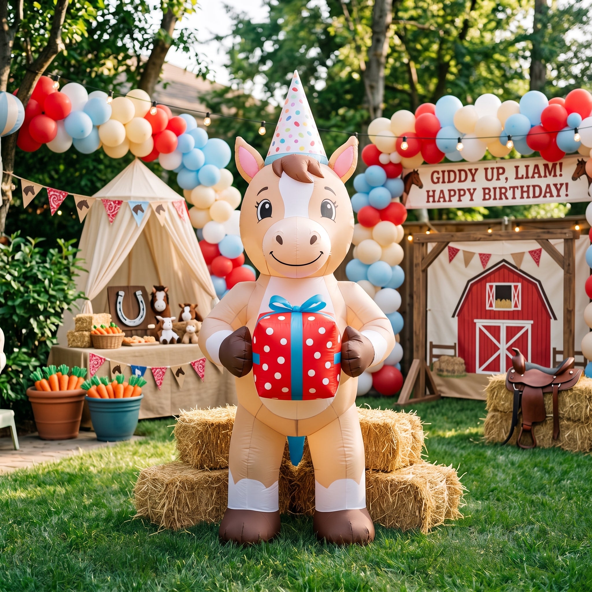 5' Farm Horse with Birthday Hat and Present Yard Birthday Inflatable Blow Up Decor Prop