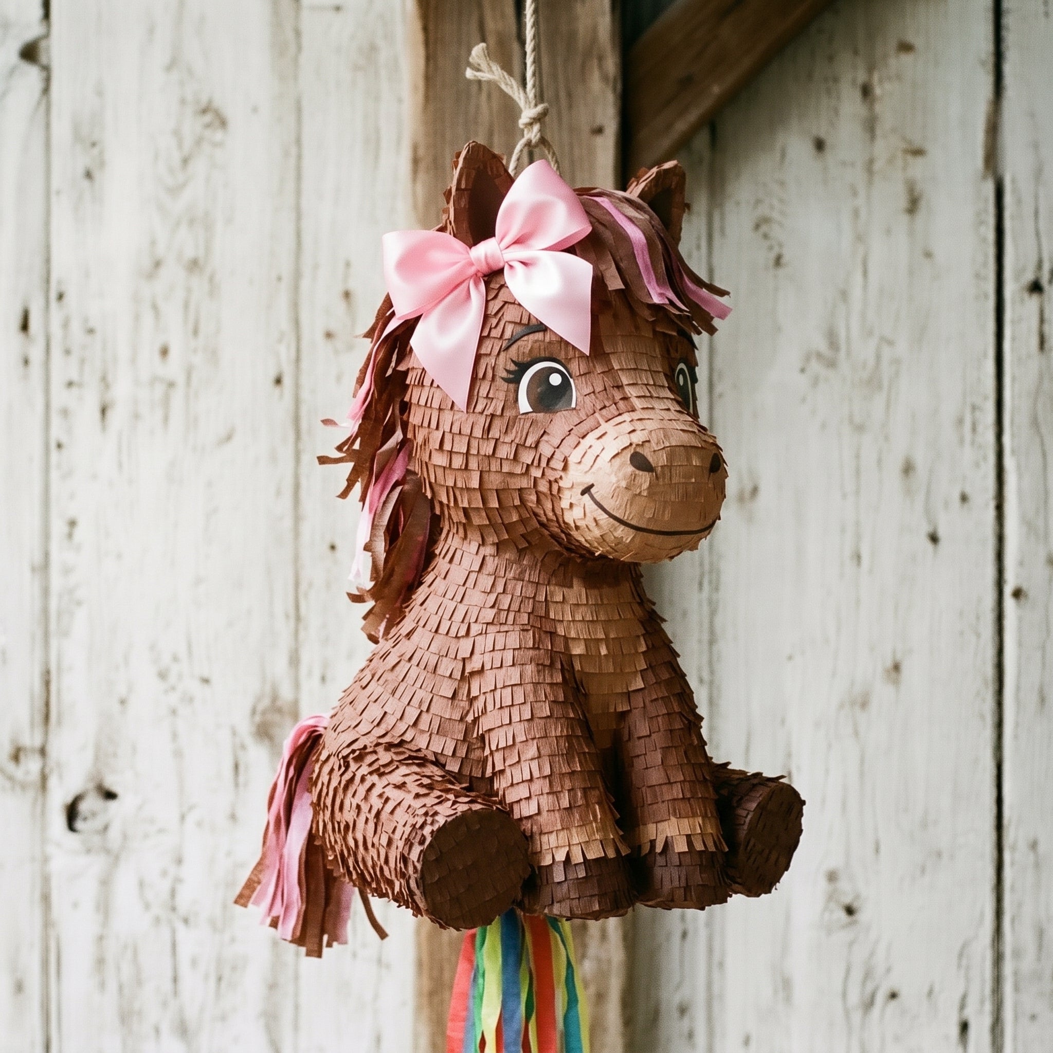 Premium Handmade 30-Inch Cute Brown Girl Horse Character Pull-String Piñata Table Decor Party Centerpiece