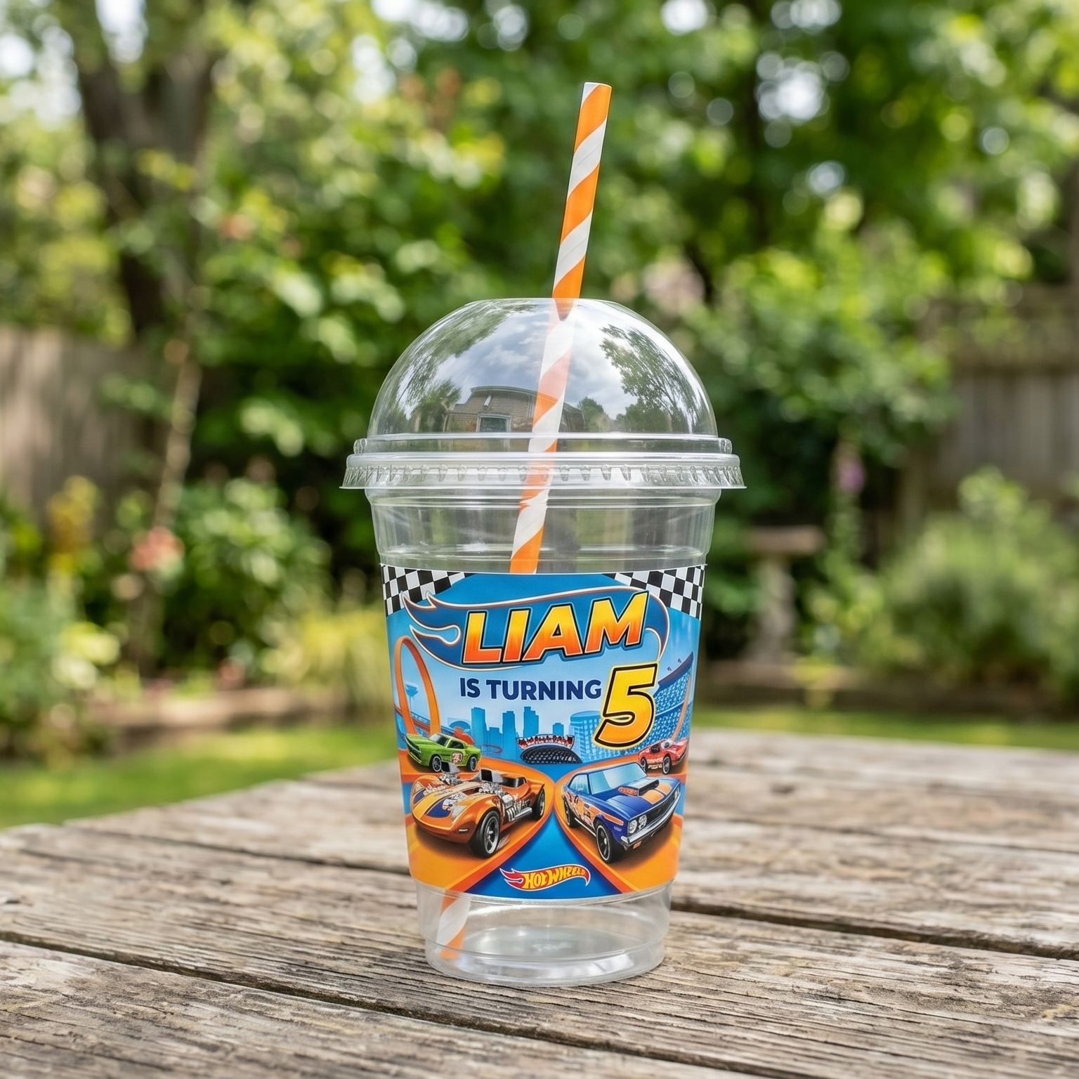 (Pack of 6) Hot Wheels Custom Personalized Birthday Party 16 oz Cups with Dome Lids & Straws