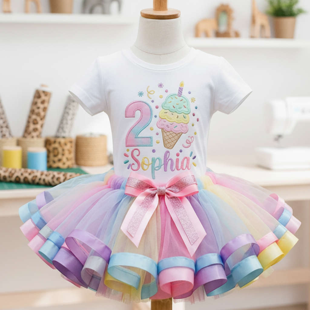 Sweet Ice Cream Cone Tutu Set Girls Personalized Custom Tutu Outfit Dress Theme Cake Smash Birthday Party
