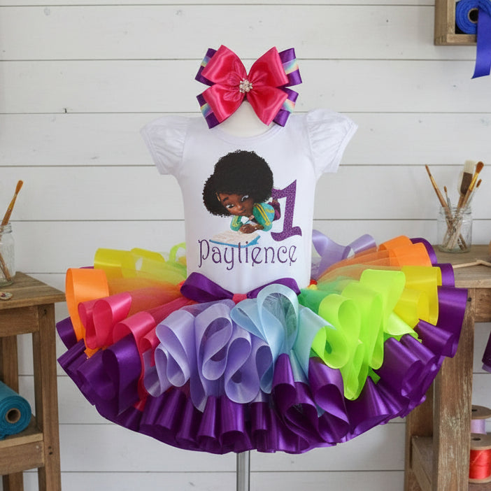 Karma Laying Tutu Set Girls Personalized Custom Purple Rainbow Ribbon Sewn Trim Tutu Outfit Dress Theme Cake Smash Birthday Party
