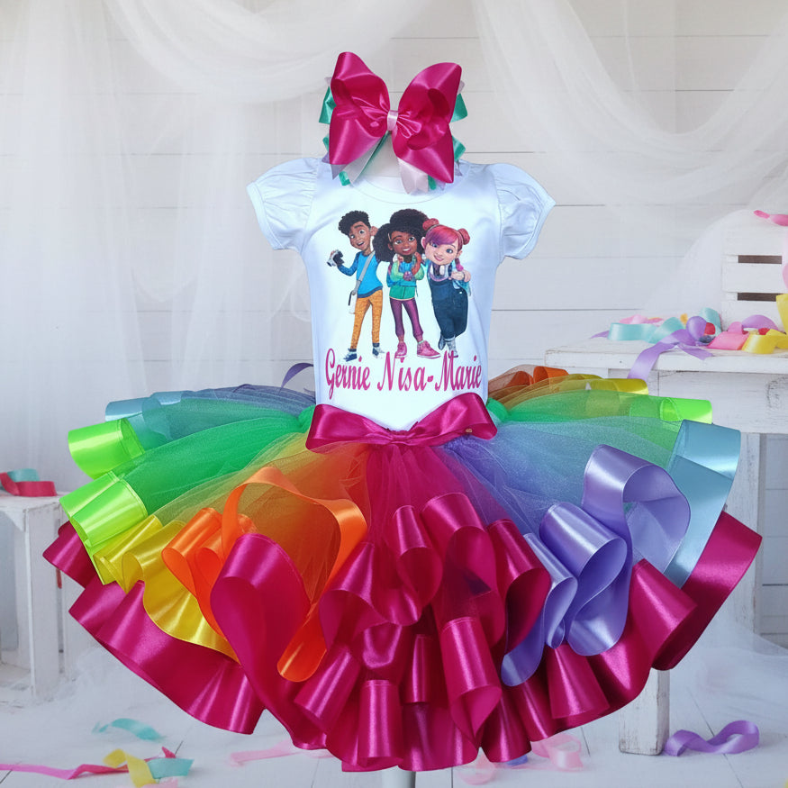 Karma and Friends Tutu Set Girls Personalized Custom Rainbow Ribbon Sewn Trim Tutu Outfit Dress Theme Cake Smash Birthday Party