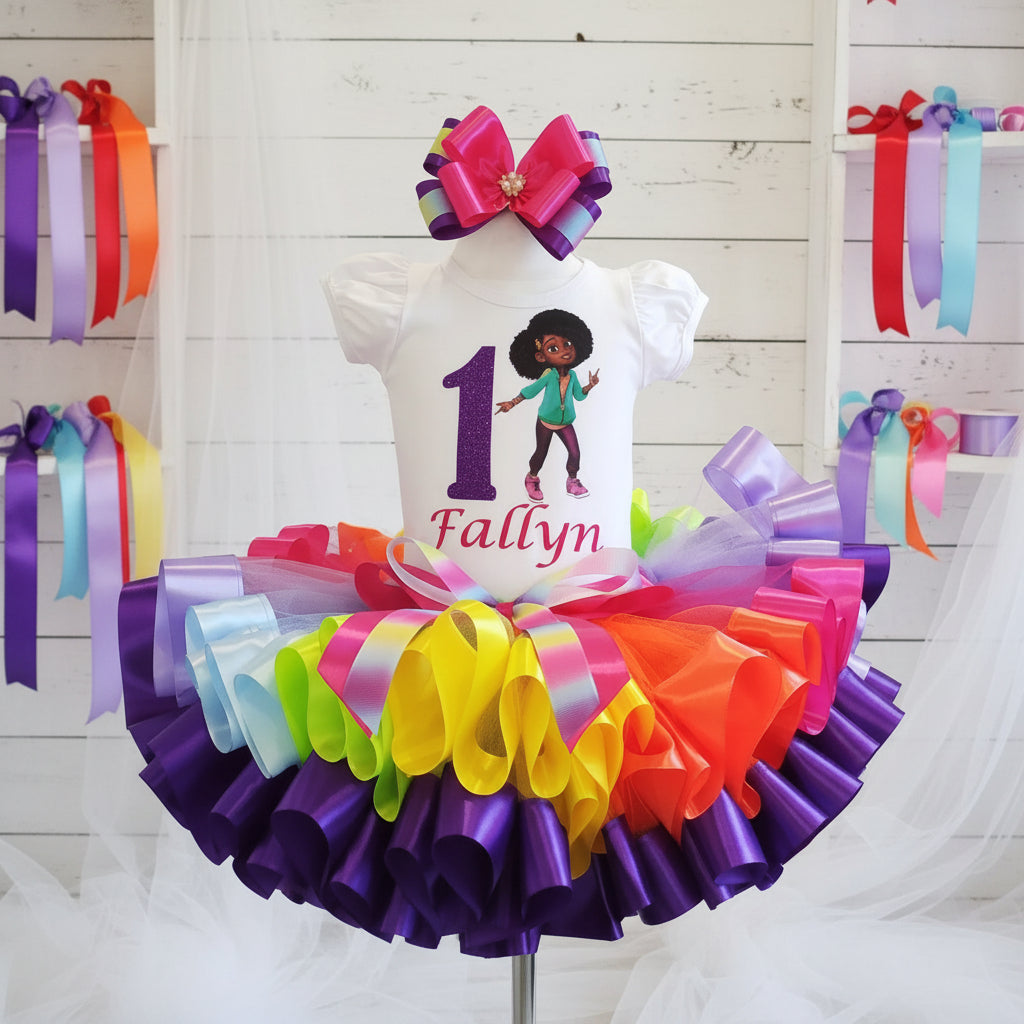 Karma Dancing Tutu Set Girls Personalized Custom Purple Rainbow Ribbon Sewn Trim Tutu Outfit Dress Theme Cake Smash Birthday Party