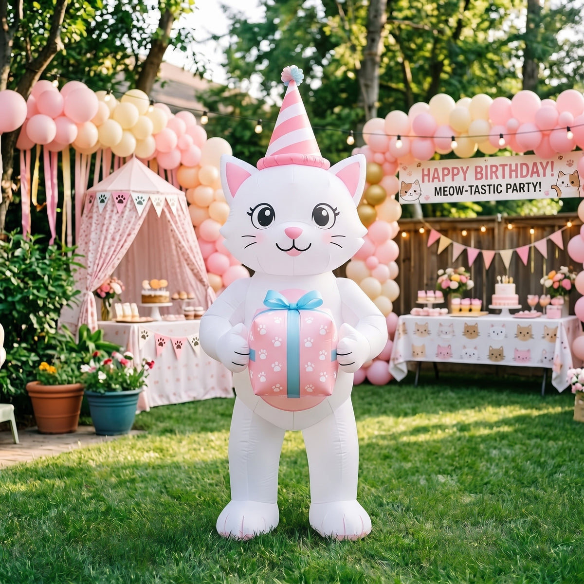 5' Kitty Cat with Birthday Hat and Present Yard Birthday Inflatable Blow Up Decor Prop