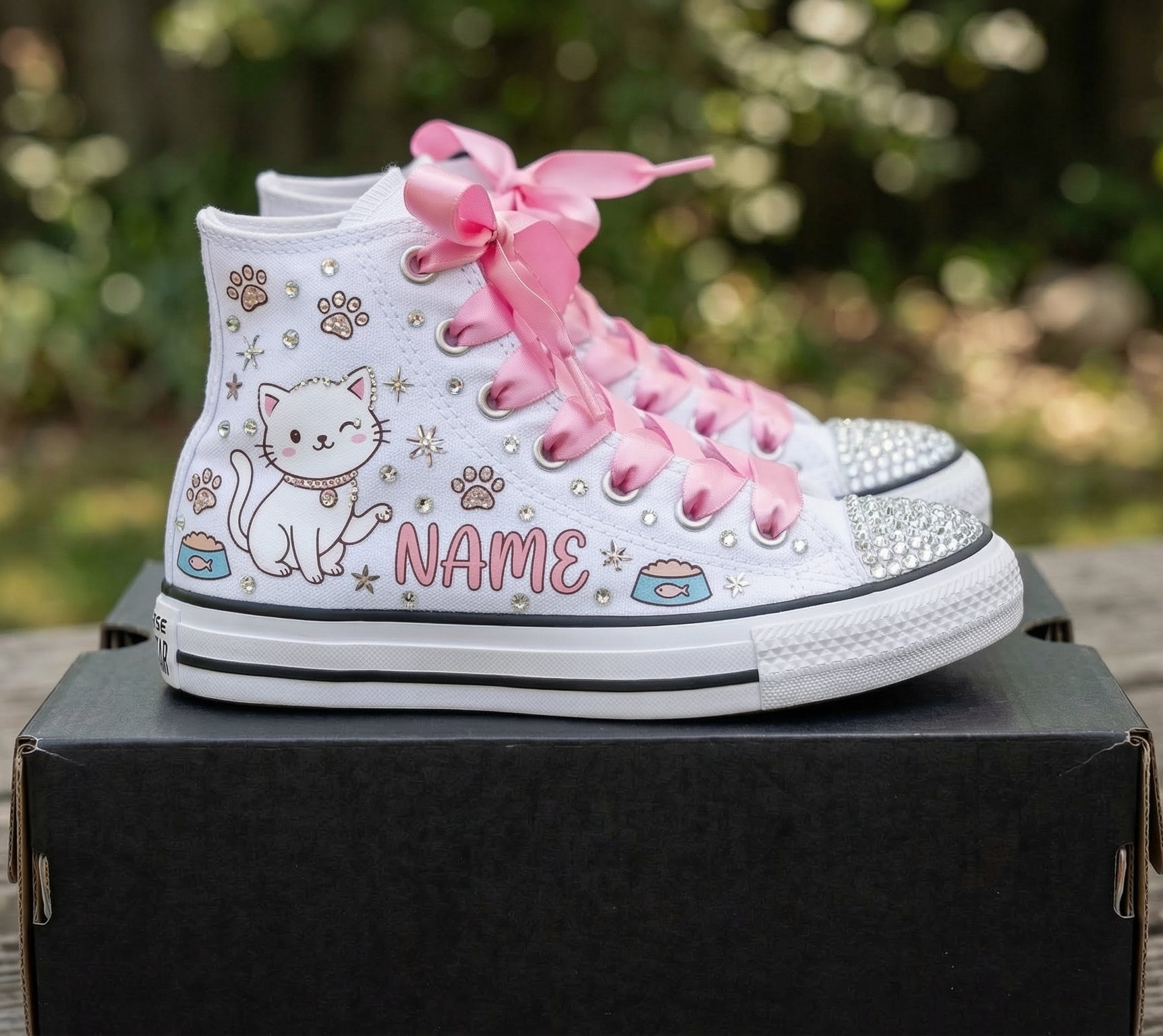 Custom Cute Kitty High-Top Sneakers Shoes Personalized with Name, Ribbon Laces & Rhinestones Birthday Parties Everyday Gift