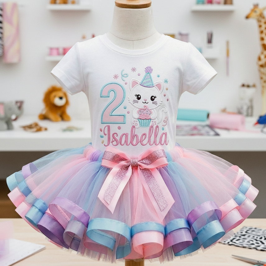 Cute Little White Cat Kitten Birthday Custom Girls Tutu Outfit Personalized Dress Set