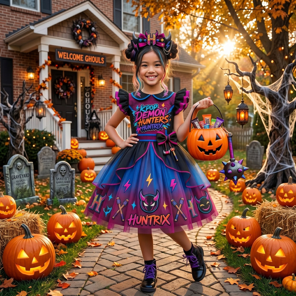 KPop Demon Hunters Huntrix Girls' Deluxe Sparkle Tutu Party Costume Dress Set with Matching Headband Halloween Birthday Pageant