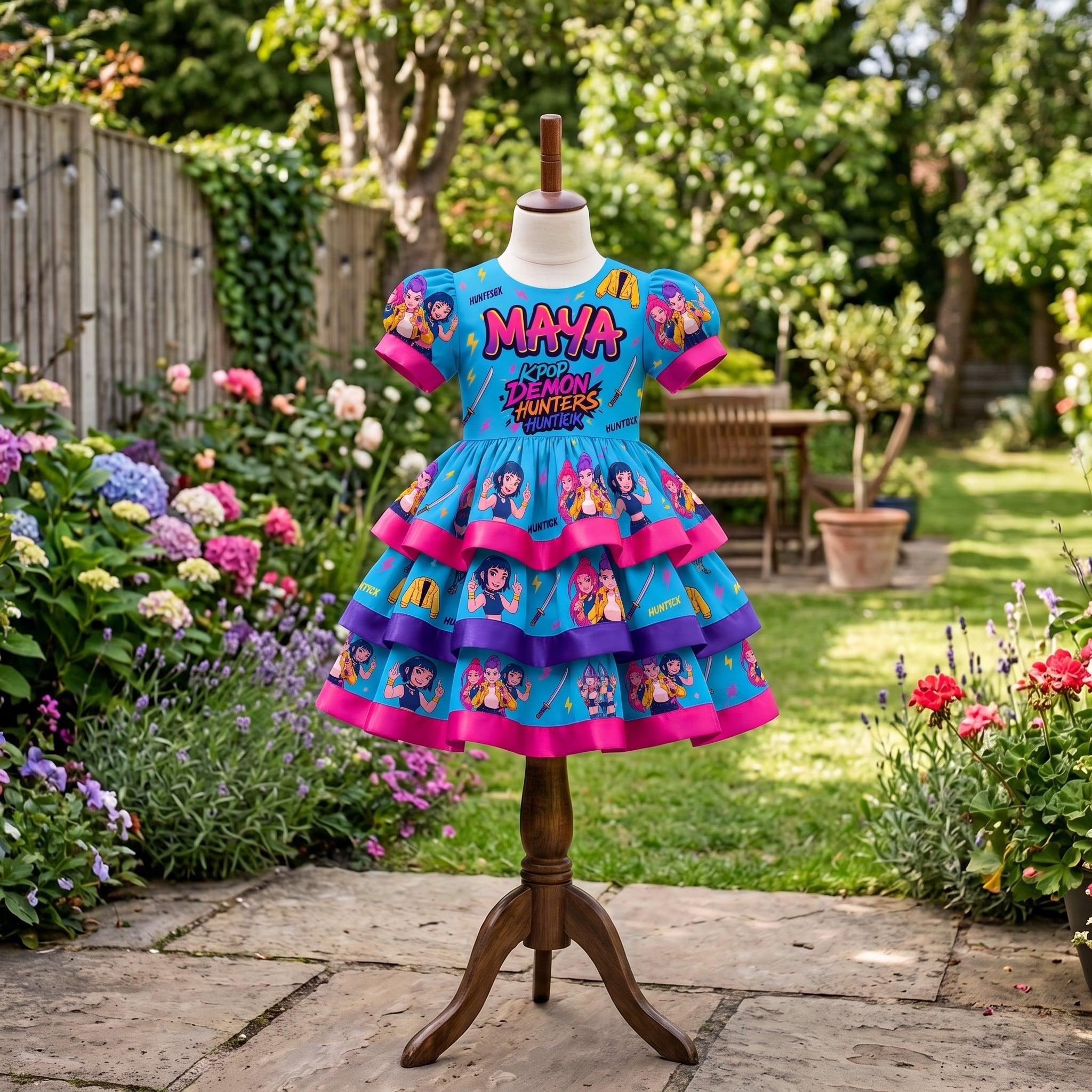 KPop Demon Hunters Huntrix Girls Personalized Custom Tiered Ruffle Dress Ribbon Trim Theme Cake Smash Birthday Party