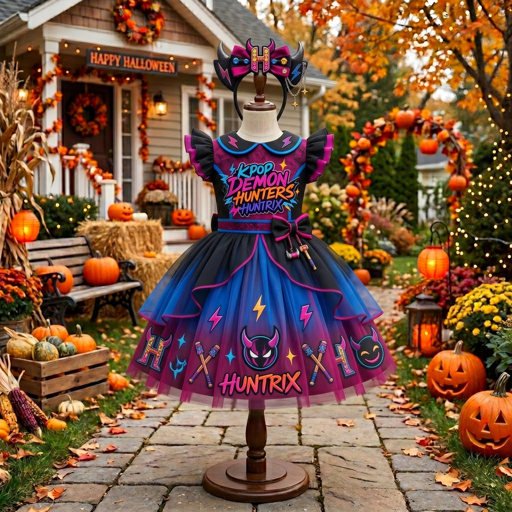 KPop Demon Hunters Huntrix Girls' Deluxe Sparkle Tutu Party Costume Dress Set with Matching Headband Halloween Birthday Pageant