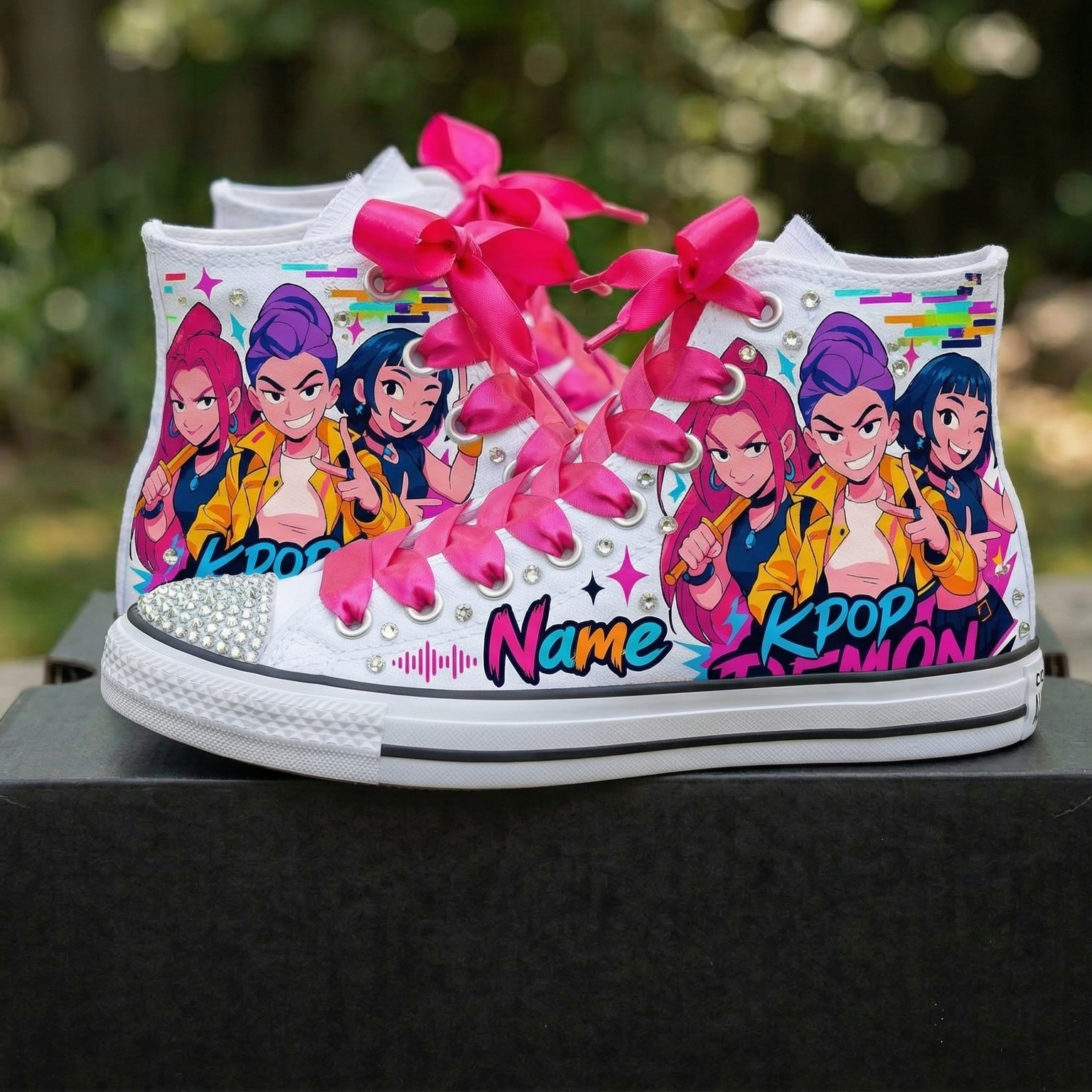 Custom KPop Demon Hunters Huntrix High-Top Sneakers Shoes Personalized with Name, Ribbon Laces & Rhinestones Birthday Parties Everyday Gift