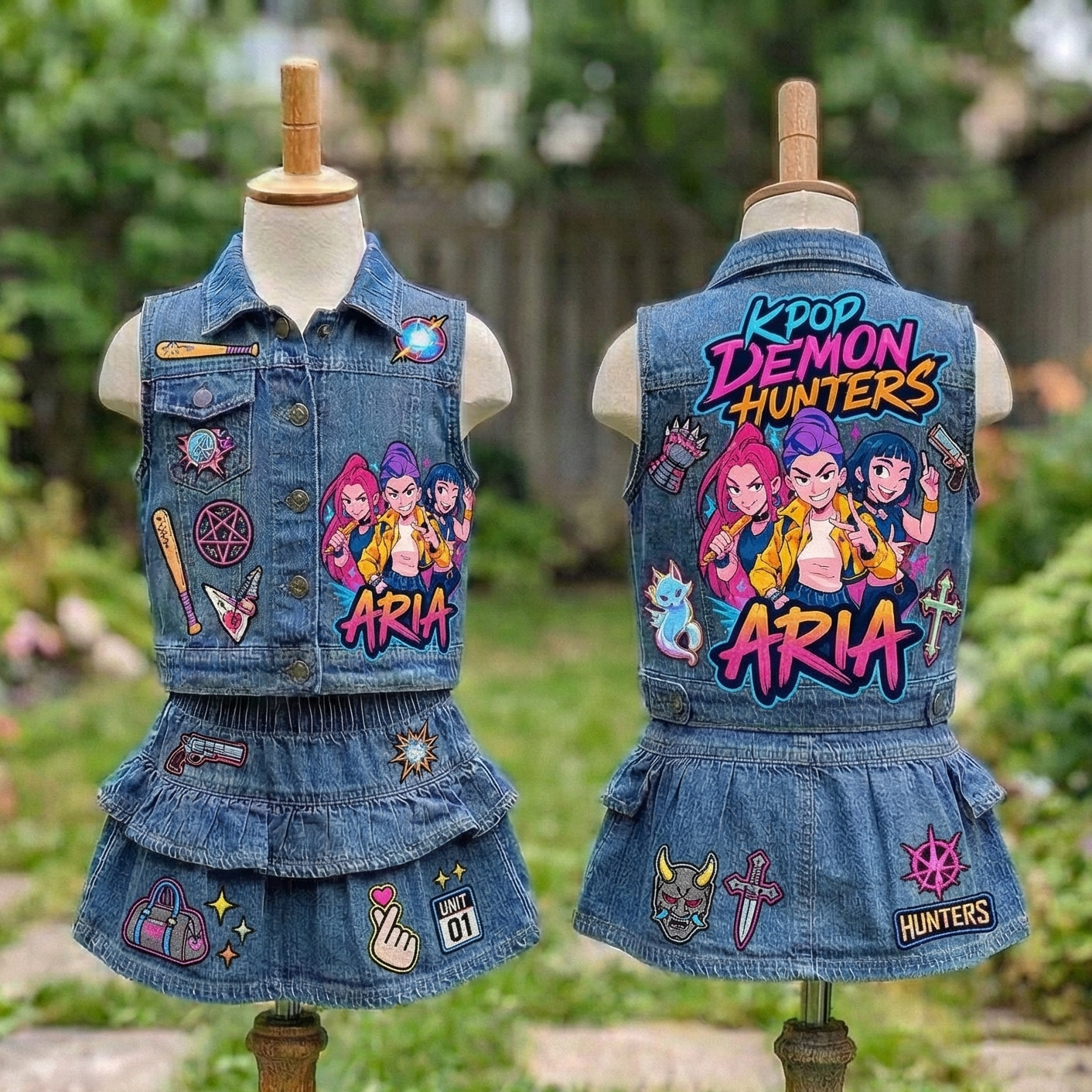 Personalized Custom Name KPop Demon Hunters Huntrix Denim Vest & Skirt Set Birthday Party Cake Smash Gift