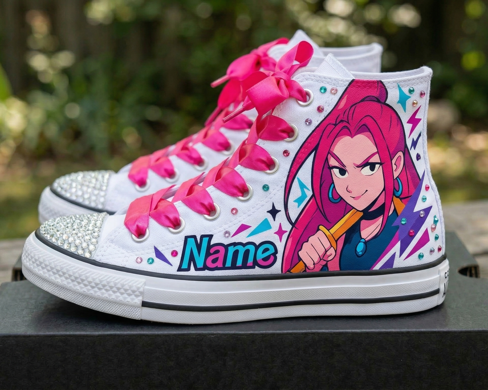 Custom KPop Demon Hunters Huntrix Mira High-Top Sneakers Shoes Personalized with Name, Ribbon Laces & Rhinestones Birthday Parties Everyday Gift