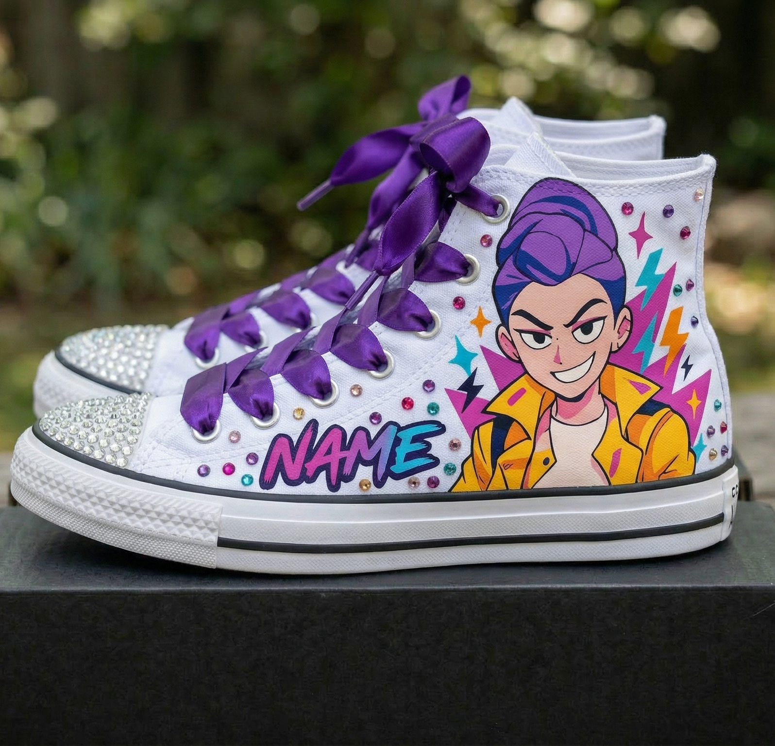 Custom KPop Demon Hunters Huntrix Rumi High-Top Sneakers Shoes Personalized with Name, Ribbon Laces & Rhinestones Birthday Parties Everyday Gift