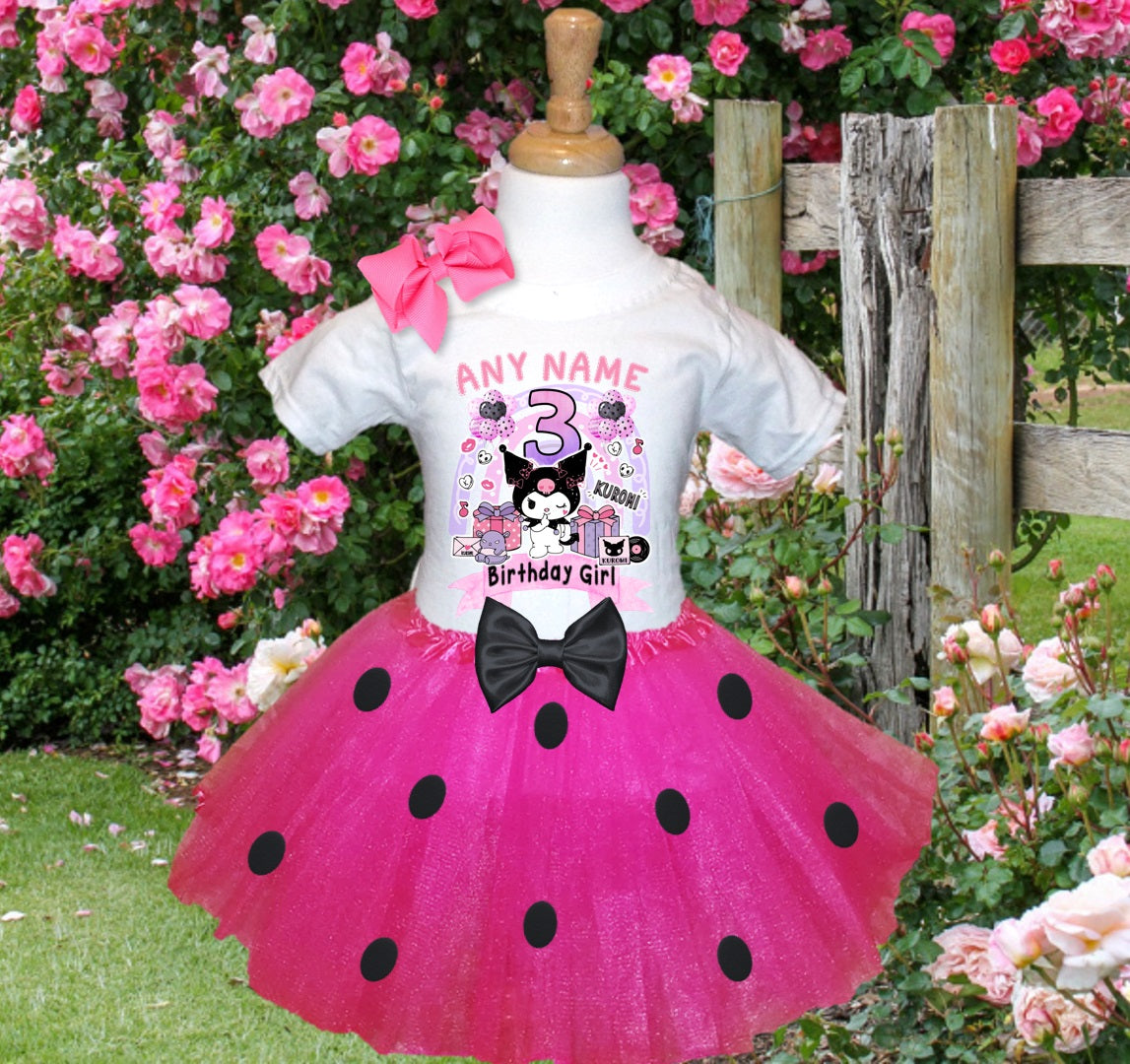 Hello Kitty Kuromi Tutu Set Girls Personalized Custom Hot Pink Black Polka Dots Tutu Outfit Dress Theme Cake Smash Birthday Party