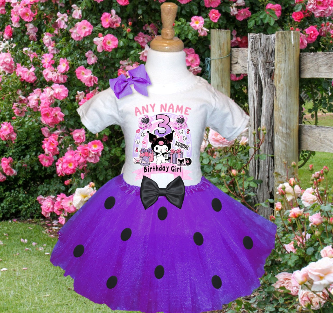 Hello Kitty Kuromi Tutu Set Girls Personalized Custom Purple Black Polka Dots Tutu Outfit Dress Theme Cake Smash Birthday Party