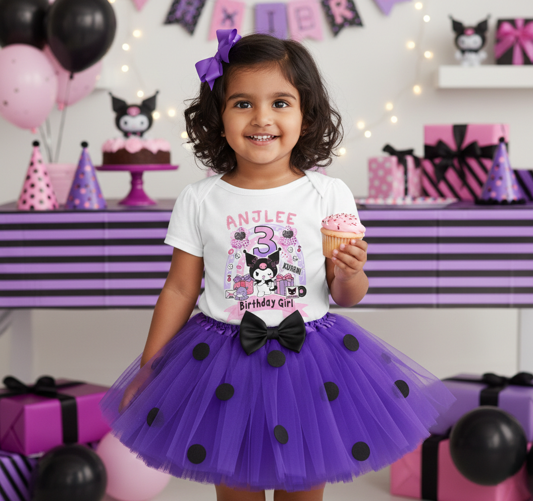Hello Kitty Kuromi Tutu Set Girls Personalized Custom Purple Black Polka Dots Tutu Outfit Dress Theme Cake Smash Birthday Party