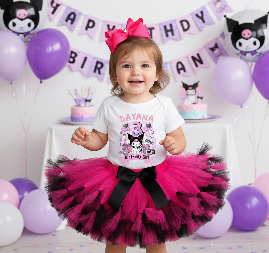 Hello Kitty Kuromi Tutu Set Girls Personalized Custom Hot Pink Black Knots Tutu Outfit Dress Theme Cake Smash Birthday Party