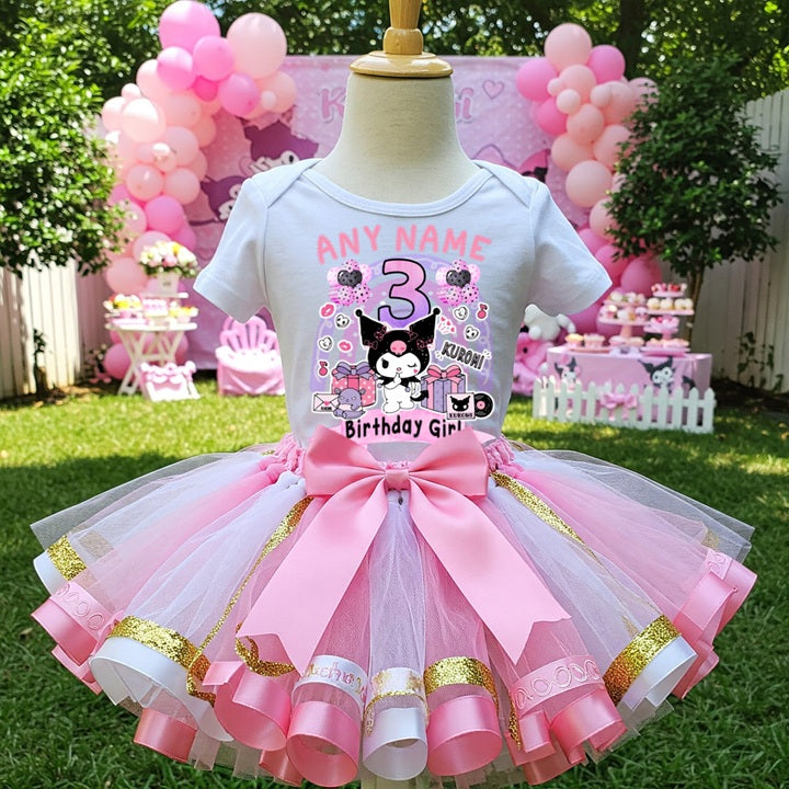 Hello Kitty Kuromi Tutu Set Girls Personalized Custom Pink White Gold Ribbon Sewn Trim Tutu Outfit Dress Theme Cake Smash Birthday Party