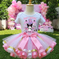 Hello Kitty Kuromi Tutu Set Girls Personalized Custom Pink White Gold Ribbon Sewn Trim Tutu Outfit Dress Theme Cake Smash Birthday Party