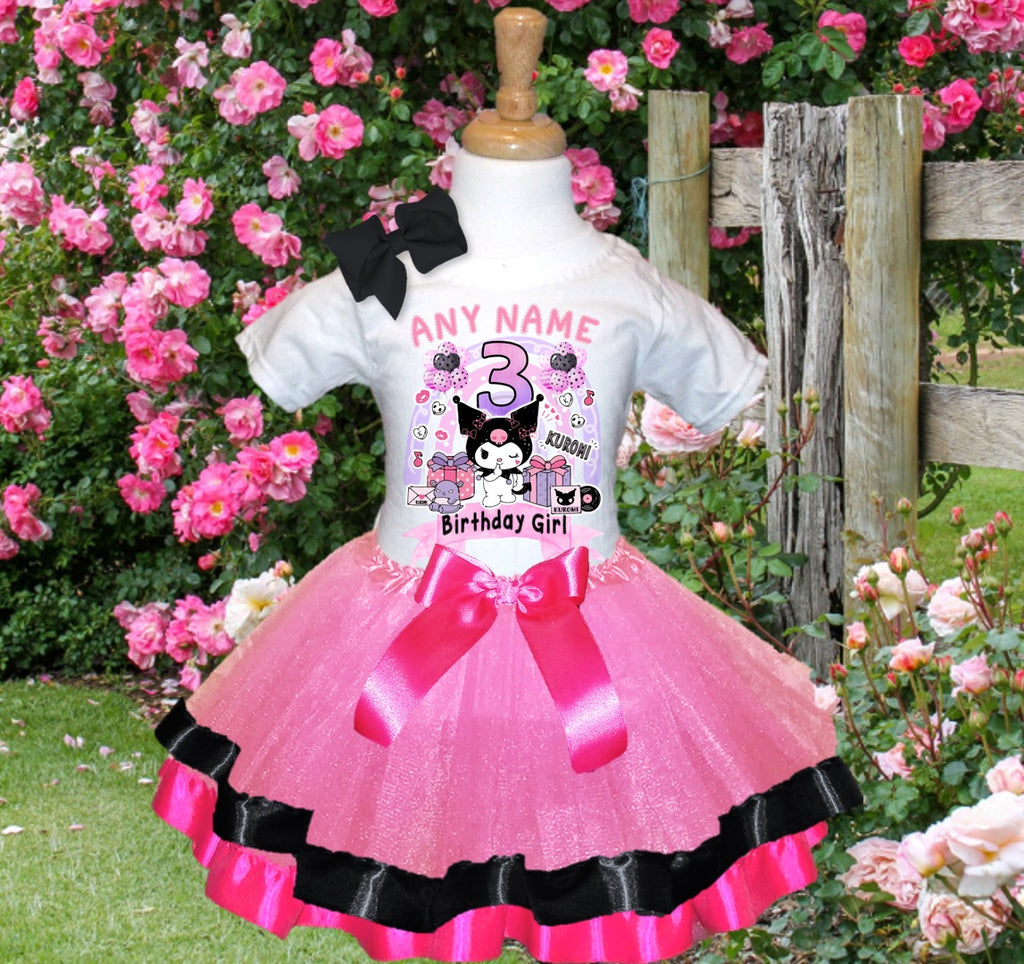Hello Kitty Kuromi Tutu Set Girls Personalized Custom Pink Black Hot Pink Ribbon Trim Tutu Outfit Dress Theme Cake Smash Birthday Party