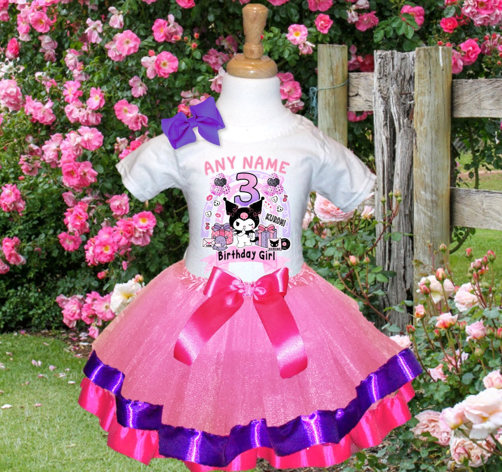 Hello Kitty Kuromi Tutu Set Girls Personalized Custom Pink Purple Hot Pink Ribbon Trim Tutu Outfit Dress Theme Cake Smash Birthday Party