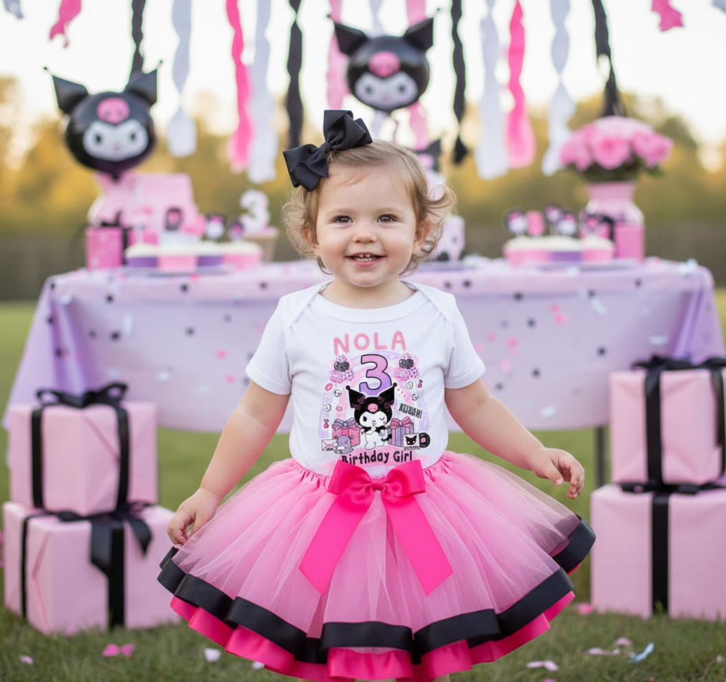 Hello Kitty Kuromi Tutu Set Girls Personalized Custom Pink Black Hot Pink Ribbon Trim Tutu Outfit Dress Theme Cake Smash Birthday Party