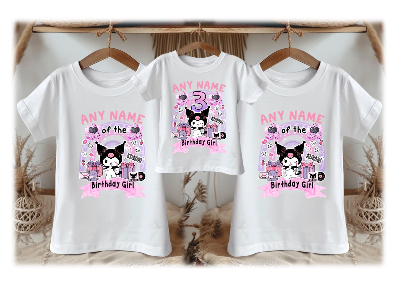 Hello Kitty Kuromi Personalized Custom White Family T-Shirt or Onesie Pack Theme Cake Smash Birthday Party