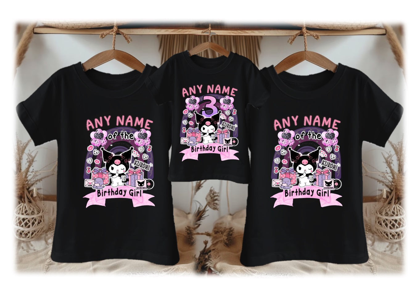 Hello Kitty Kuromi Personalized Custom Black Family T-Shirt or Onesie Pack Theme Cake Smash Birthday Party