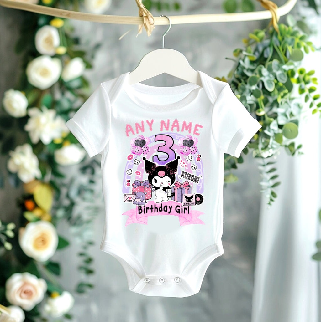 Hello Kitty Kuromi Personalized Custom White T-Shirt or Onesie Theme Cake Smash Birthday Party