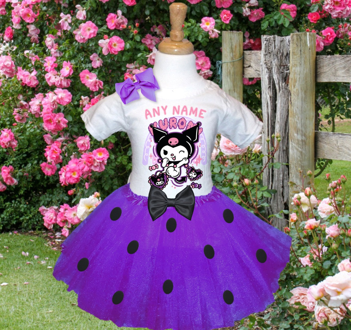 Hello Kitty Kuromi Tutu Set Girls Personalized Custom Purple Black Polka Dots Tutu Outfit Dress Theme Cake Smash Party