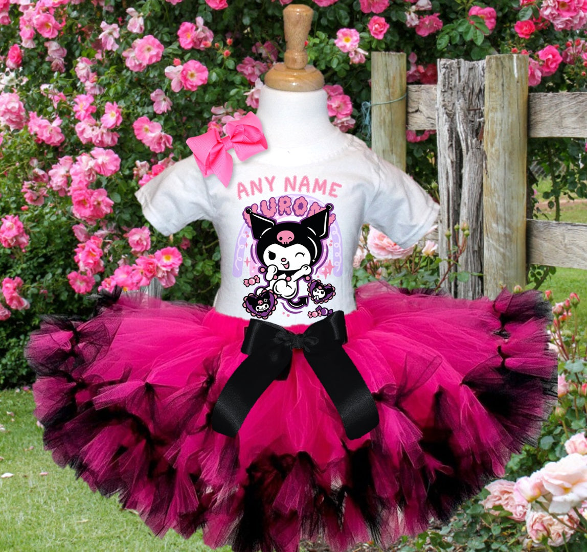 Hello Kitty Kuromi Tutu Set Girls Personalized Custom Hot Pink Black Knots Tutu Outfit Dress Theme Cake Smash Party