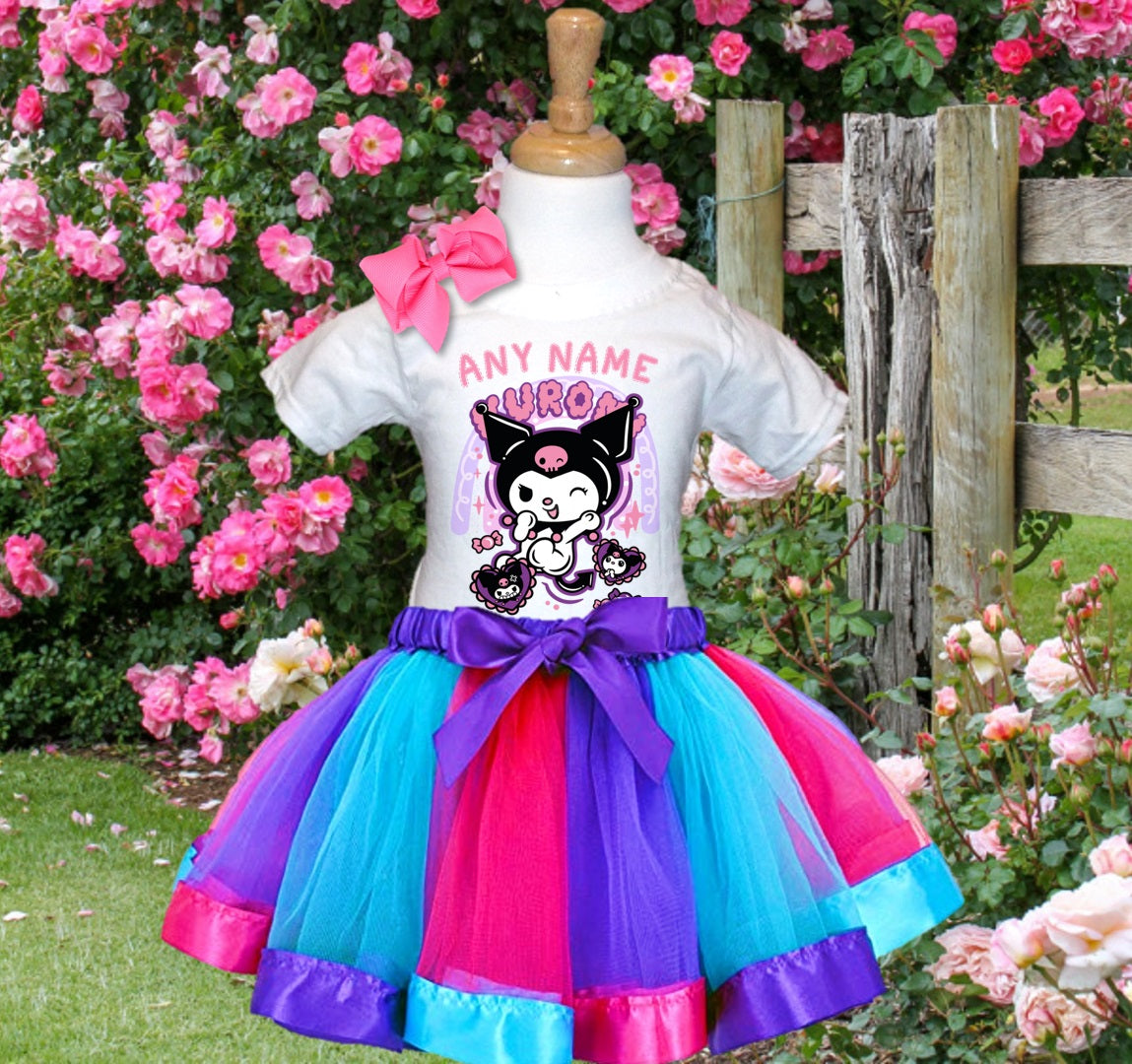 Hello Kitty Kuromi Tutu Set Girls Personalized Custom Hot Pink Blue Purple Ribbon Tutu Outfit Dress Theme Cake Smash Party