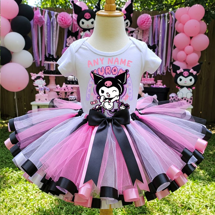 Hello Kitty Kuromi Tutu Set Girls Personalized Custom Pink White Black Ribbon Sewn Trim Tutu Outfit Dress Theme Cake Smash Party