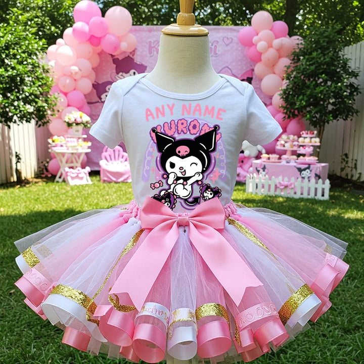 Hello Kitty Kuromi Tutu Set Girls Personalized Custom Pink White Gold Ribbon Sewn Trim Tutu Outfit Dress Theme Cake Smash Party