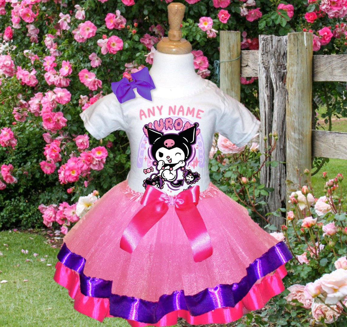 Hello Kitty Kuromi Tutu Set Girls Personalized Custom Pink Purple Hot Pink Ribbon Trim Tutu Outfit Dress Theme Cake Smash Party