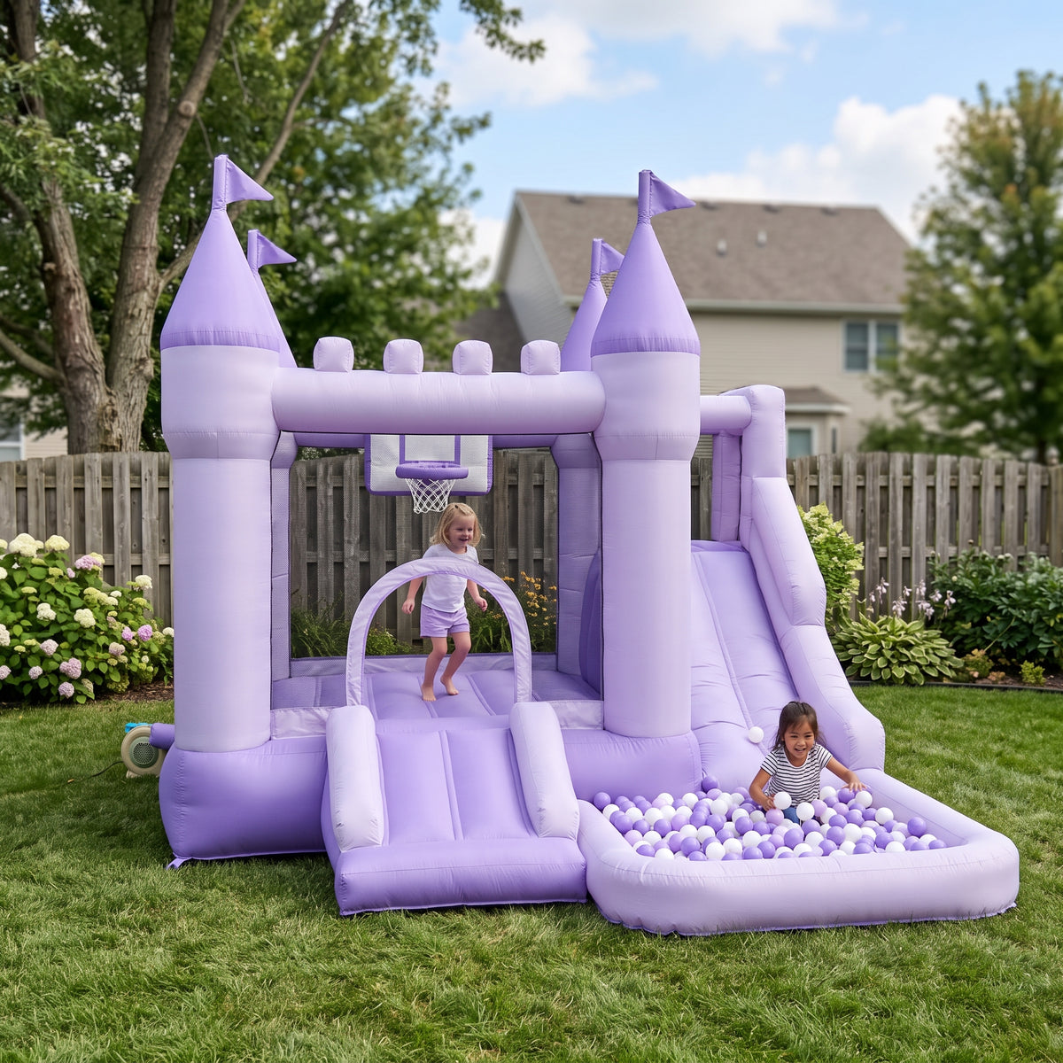 Play Bounce House Jumping Playhouse area with Slide and Ball Pit Muted Lavender Castle Theme