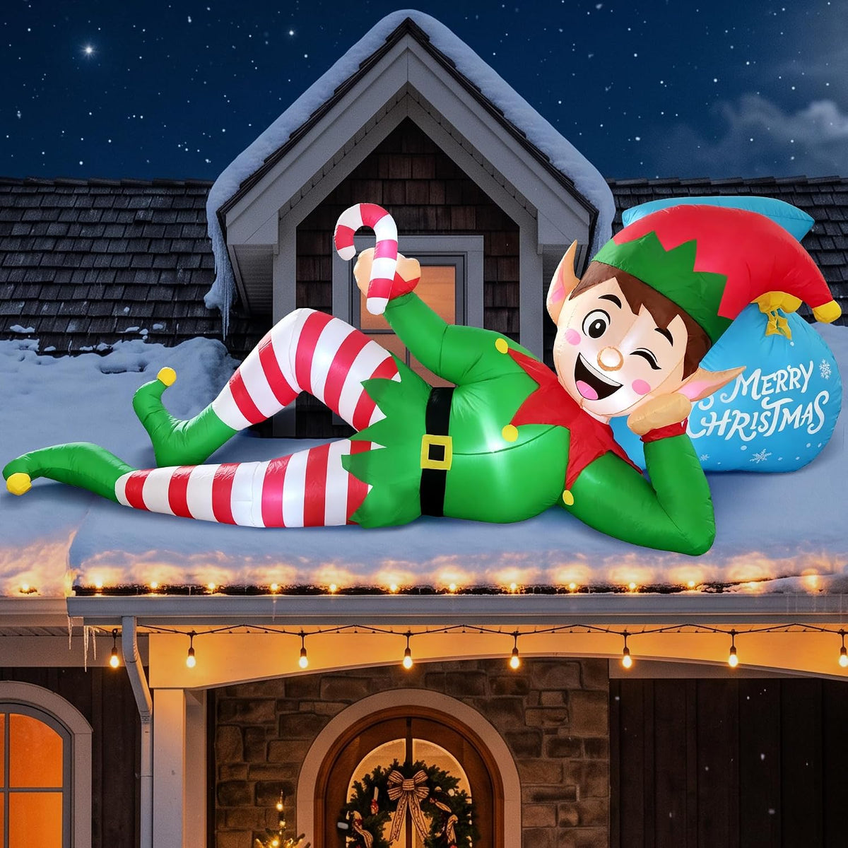 10-Foot Giant Outdoor Lying Reclining Elf Inflatable with LED Illumination Christmas Blow Up Yard Decor