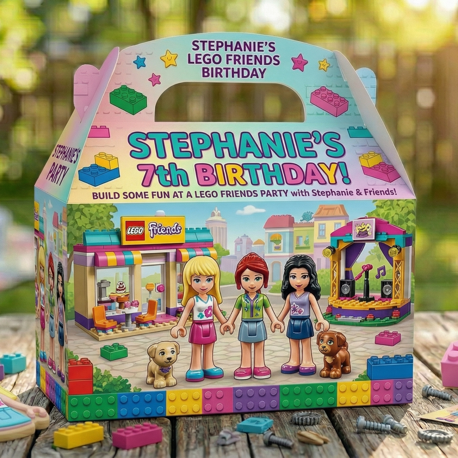 (Pack of 6) Lego Friends Custom Personalized Birthday Party Favor Gable Treat Boxes