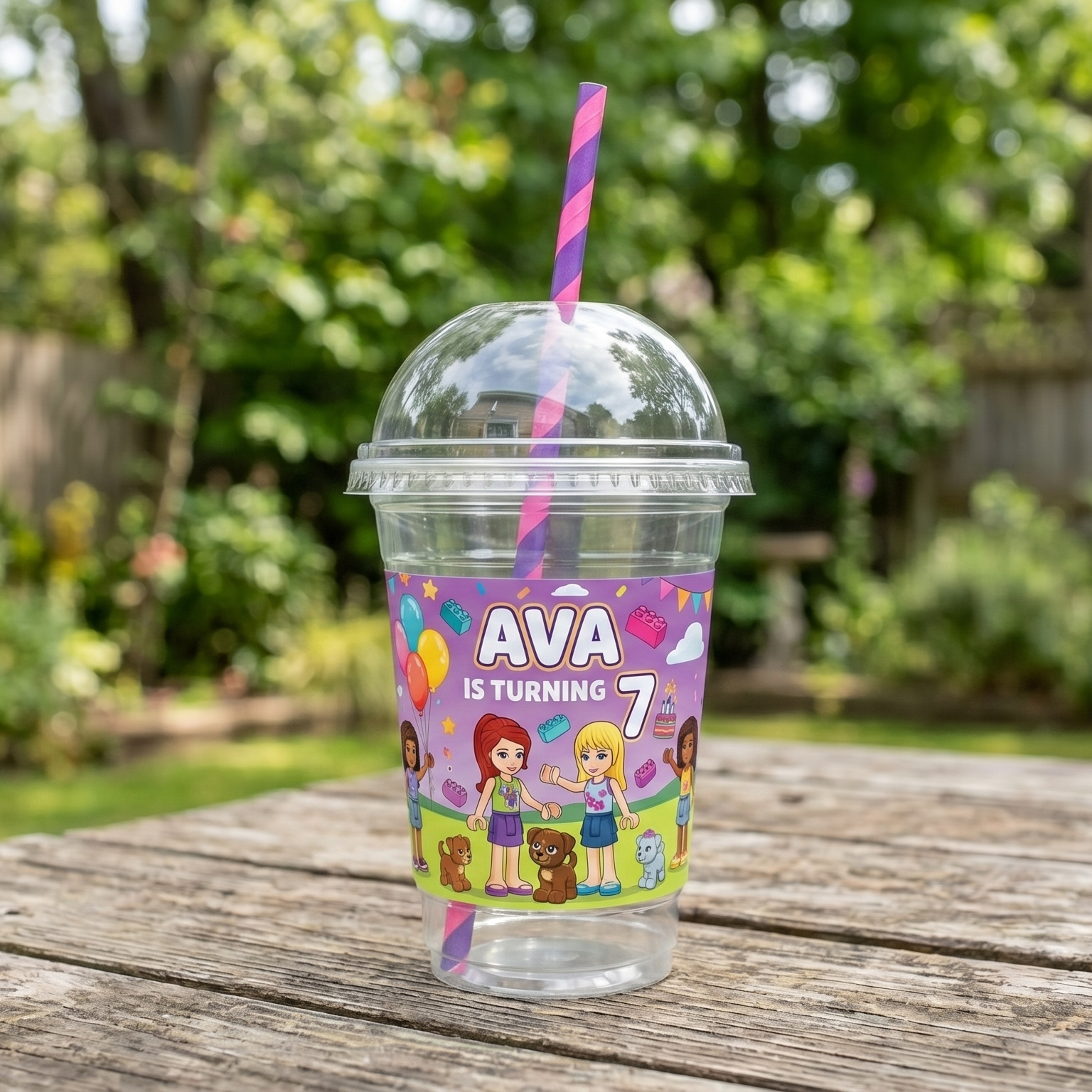 (Pack of 6) Lego Friends Custom Personalized Birthday Party 16 oz Cups with Dome Lids & Straws