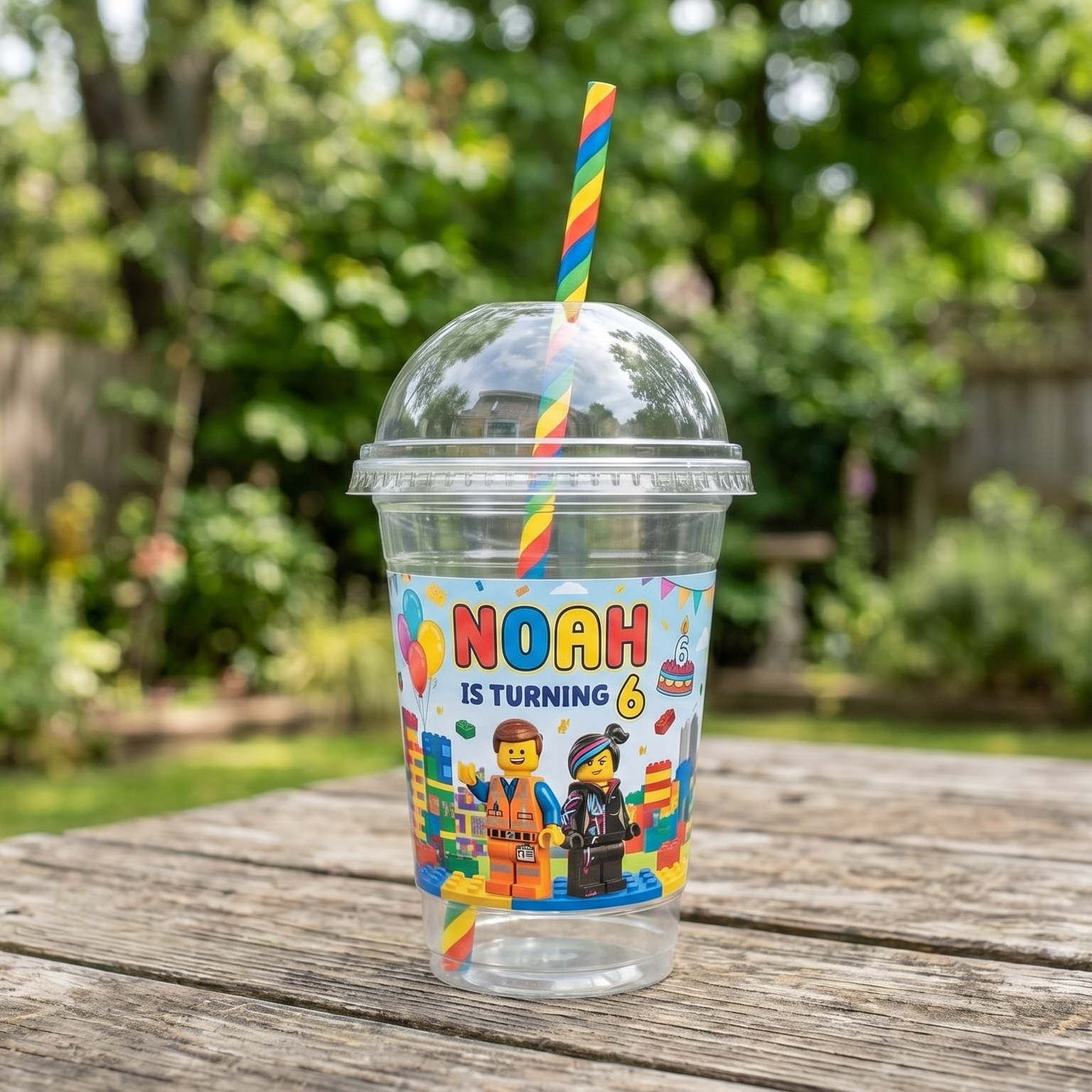 (Pack of 6) The Lego Movie Custom Personalized Birthday Party 16 oz Cups with Dome Lids & Straws