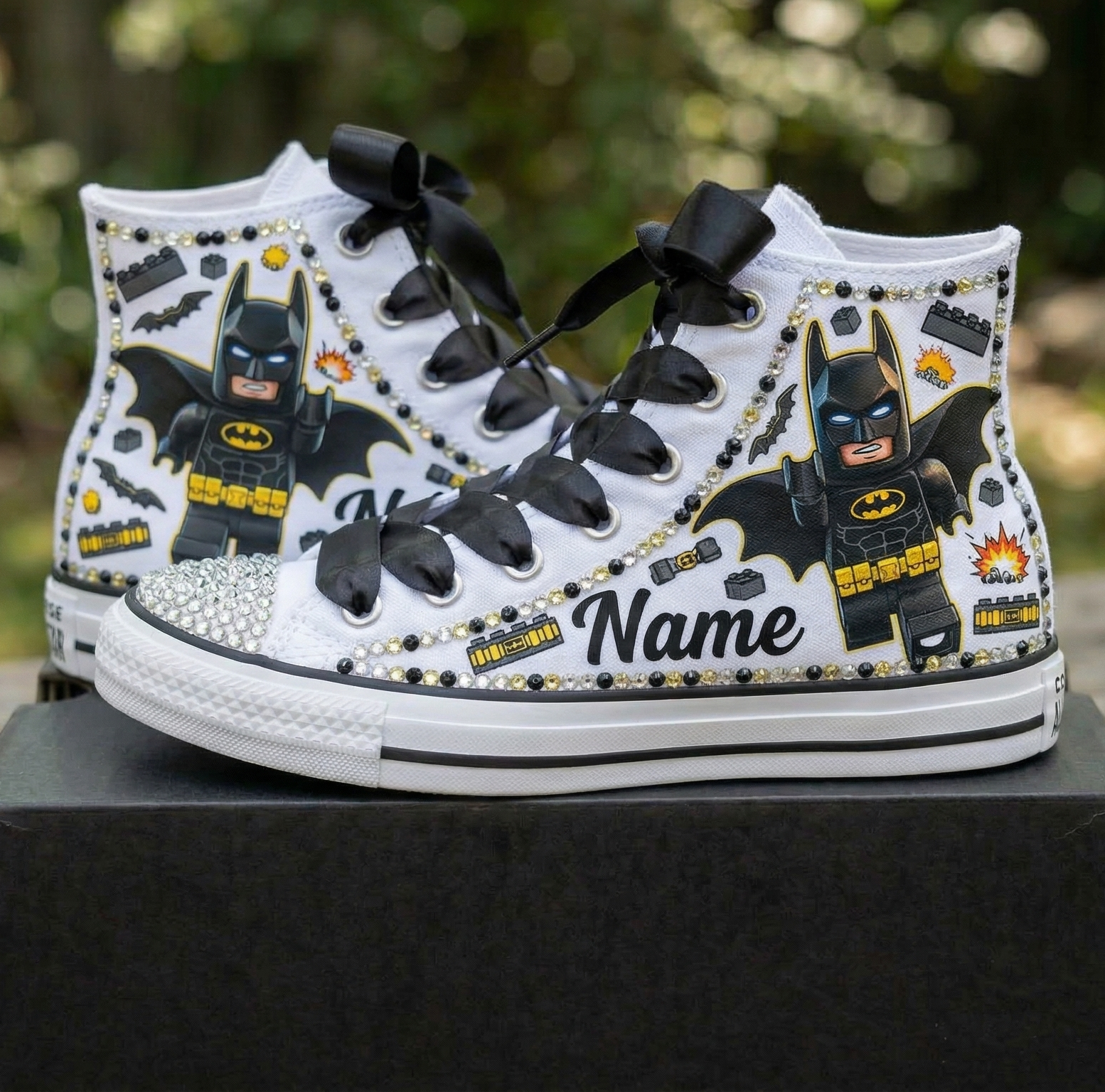 Custom Legoland Lego Movie Batman High-Top Sneakers Shoes Personalized with Name, Ribbon Laces & Rhinestones Birthday Parties Everyday Gift