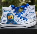 Custom Legoland Lego Movie Benny High-Top Sneakers Shoes Personalized with Name, Ribbon Laces & Rhinestones Birthday Parties Everyday Gift