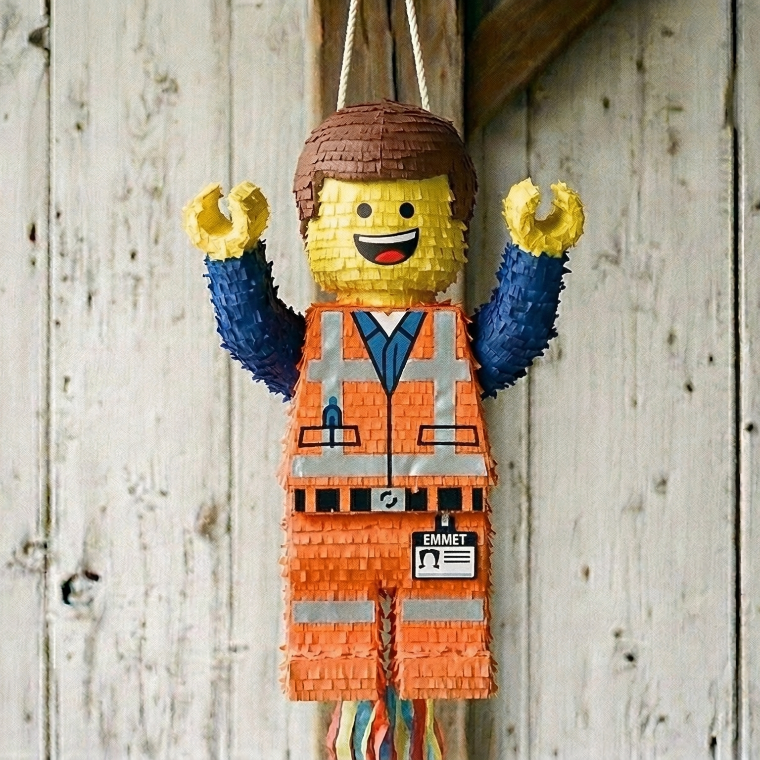 Premium Handmade 30-Inch Lego Movie Emmet Character Pull-String Piñata Table Decor Party Centerpiece