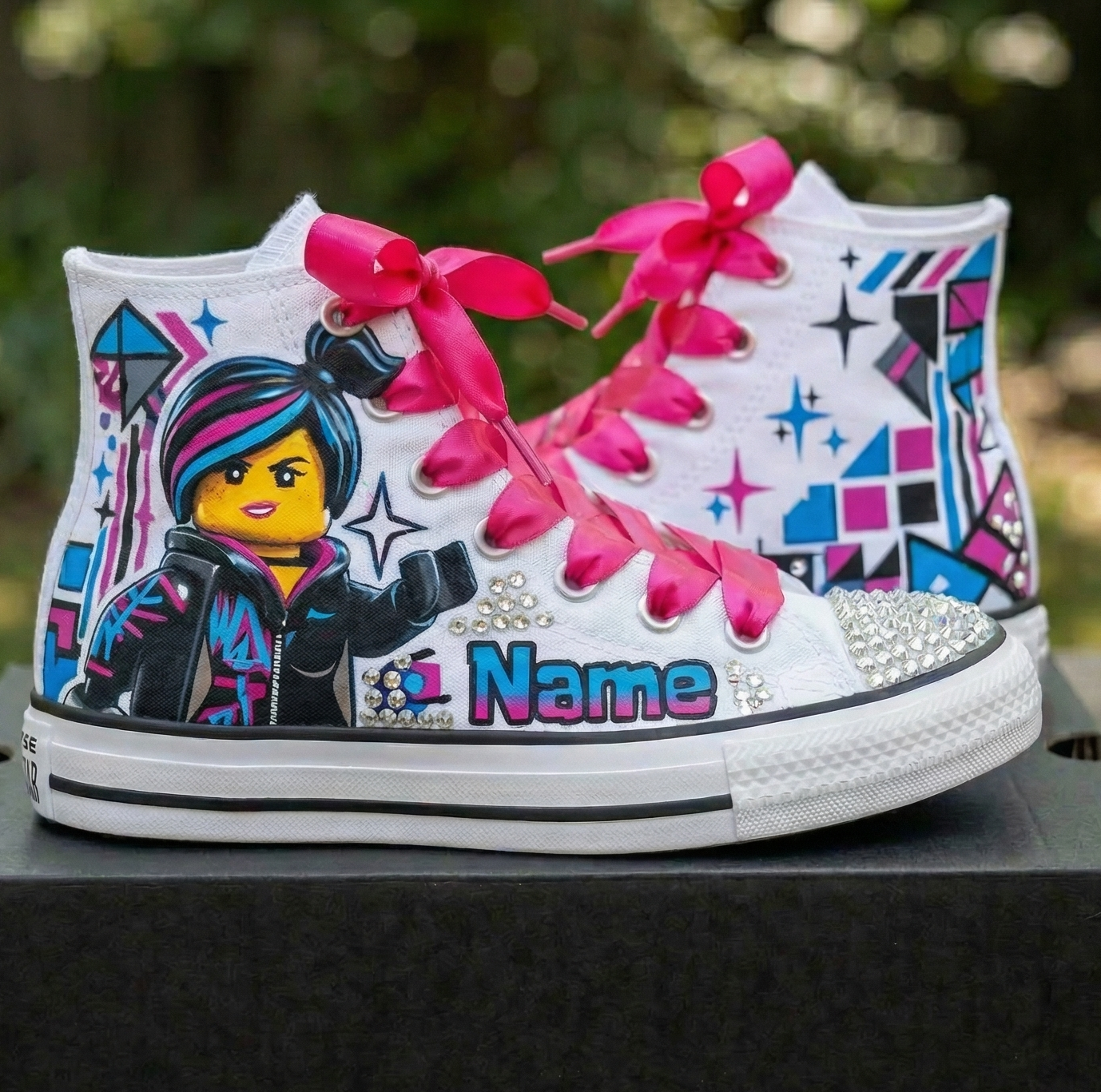Custom Legoland Lego Movie Lucy Wyldstyle High-Top Sneakers Shoes Personalized with Name, Ribbon Laces & Rhinestones Birthday Parties Everyday Gift
