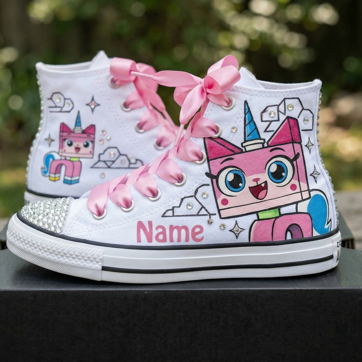 Custom Legoland Lego Movie Unikitty High-Top Sneakers Shoes Personalized with Name, Ribbon Laces & Rhinestones Birthday Parties Everyday Gift