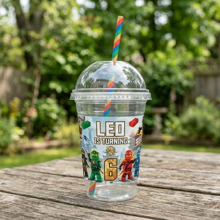 (Pack of 6) Lego Ninjago Custom Personalized Birthday Party 16 oz Cups with Dome Lids & Straws