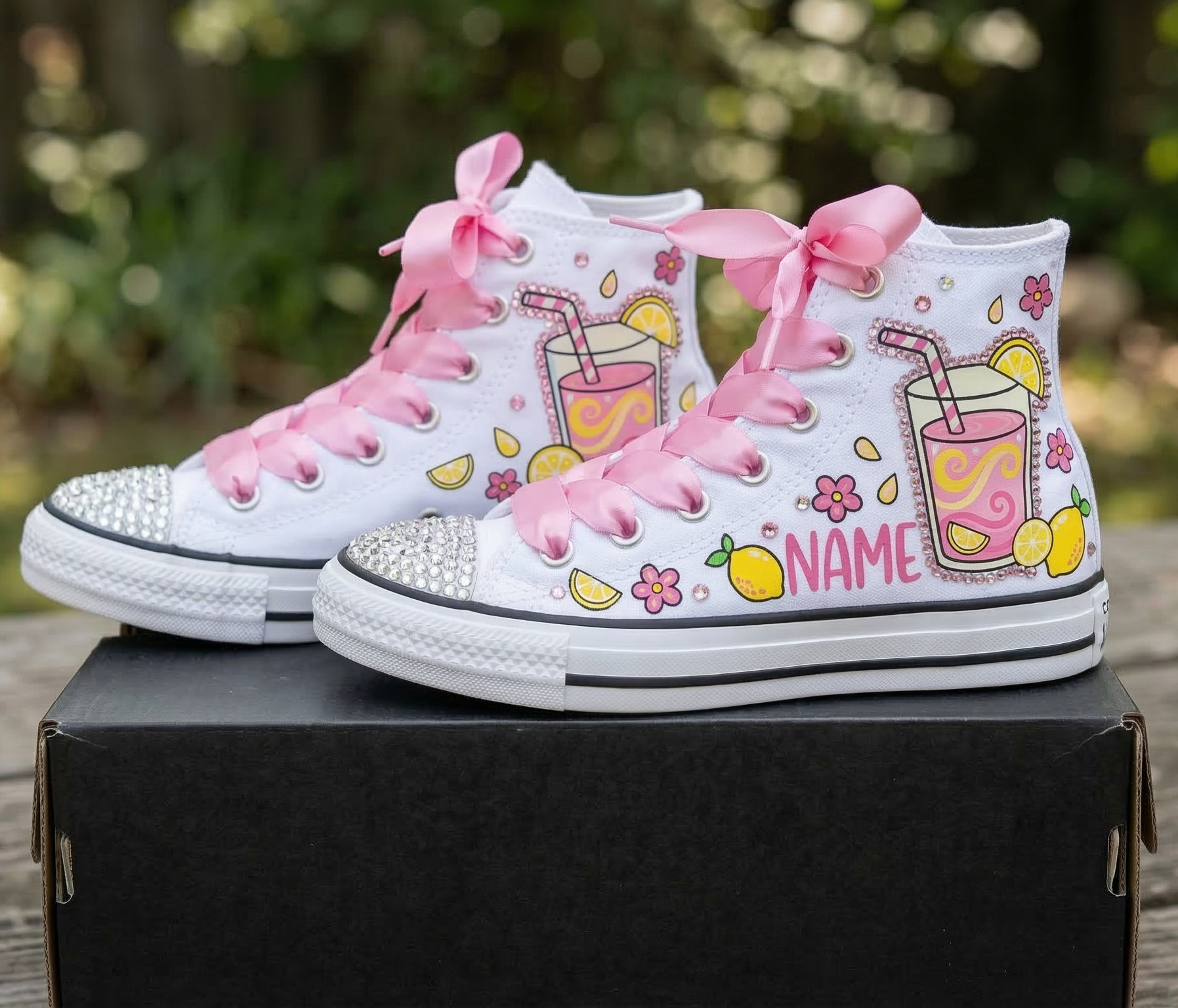 Custom Lemons Lemonade High-Top Sneakers Shoes Personalized with Name, Ribbon Laces & Rhinestones Birthday Parties Everyday Gift
